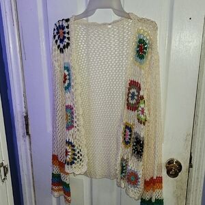 Boho Crochet Open Cardigan Sweater - Cream with Multicolor Accents